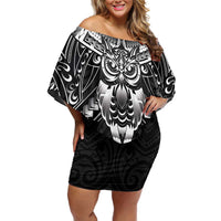 New Zealand Morepork Off Shoulder Short Dress Maori Pattern Black