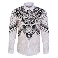 New Zealand Morepork Family Matching Long Sleeve Bodycon Dress and Hawaiian Shirt Maori Pattern White LT05 Dad's Shirt - Long Sleeve White - Polynesian Pride