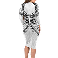 New Zealand Morepork Family Matching Long Sleeve Bodycon Dress and Hawaiian Shirt Maori Pattern White LT05 - Polynesian Pride