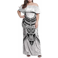 New Zealand Morepork Family Matching Off Shoulder Maxi Dress and Hawaiian Shirt Maori Pattern White LT05 Mom's Dress White - Polynesian Pride