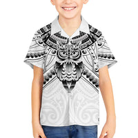 New Zealand Morepork Family Matching Off Shoulder Maxi Dress and Hawaiian Shirt Maori Pattern White LT05 Son's Shirt White - Polynesian Pride