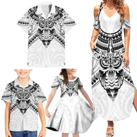 New Zealand Morepork Family Matching Summer Maxi Dress and Hawaiian Shirt Maori Pattern White LT05 - Polynesian Pride