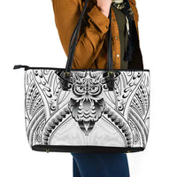 New Zealand Morepork Leather Tote Bag Maori Pattern White LT05 - Polynesian Pride