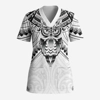New Zealand Morepork Scrub Top Maori Pattern White - Polynesian Pride