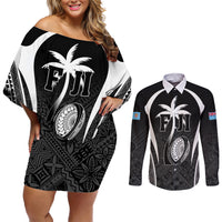 Custom Fiji Rugby Couples Matching Off Shoulder Short Dress and Long Sleeve Button Shirt Fijian Warrior Black