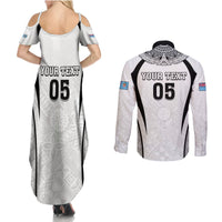 Custom Fiji Rugby Couples Matching Summer Maxi Dress and Long Sleeve Button Shirt Fijian Warrior White LT05 - Polynesian Pride