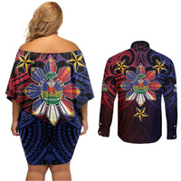 Haiti Philippines Couples Matching Off Shoulder Short Dress and Long Sleeve Button Shirt Haitian Coat Of Arms With Filipino Sun