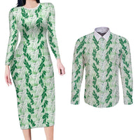 Hawaii Ti Leaf Maile Tuberose Lei Couples Matching Long Sleeve Bodycon Dress and Long Sleeve Button Shirt With Hanalei Leaf Green LT05 Green - Polynesian Pride