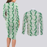 Hawaii Ti Leaf Maile Tuberose Lei Couples Matching Long Sleeve Bodycon Dress and Long Sleeve Button Shirt With Hanalei Leaf Green LT05 - Polynesian Pride