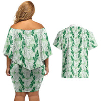 Hawaii Ti Leaf Maile Tuberose Lei Couples Matching Off Shoulder Short Dress and Hawaiian Shirt With Hanalei Leaf Green LT05 - Polynesian Pride