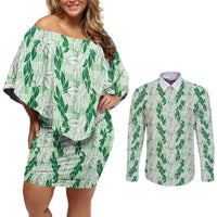 Hawaii Ti Leaf Maile Tuberose Lei Couples Matching Off Shoulder Short Dress and Long Sleeve Button Shirt With Hanalei Leaf Green LT05 Green - Polynesian Pride