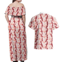 Hawaii Ti Leaf Maile Tuberose Lei Couples Matching Off Shoulder Maxi Dress and Hawaiian Shirt With Hanalei Leaf Red LT05 - Polynesian Pride