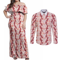 Hawaii Ti Leaf Maile Tuberose Lei Couples Matching Off Shoulder Maxi Dress and Long Sleeve Button Shirt With Hanalei Leaf Red LT05 Red - Polynesian Pride