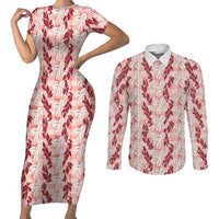 Hawaii Ti Leaf Maile Tuberose Lei Couples Matching Short Sleeve Bodycon Dress and Long Sleeve Button Shirt With Hanalei Leaf Red LT05 Red - Polynesian Pride