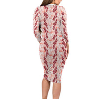Hawaii Ti Leaf Maile Tuberose Lei Long Sleeve Bodycon Dress With Hanalei Leaf Red LT05 - Polynesian Pride