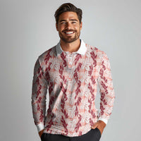 Hawaii Ti Leaf Maile Tuberose Lei Long Sleeve Polo Shirt With Hanalei Leaf Red LT05 - Polynesian Pride