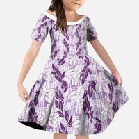 Hawaii Ti Leaf Maile Tuberose Lei Kid Short Sleeve Dress With Hanalei Leaf Purple LT05 KID Purple - Polynesian Pride