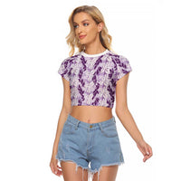 Hawaii Ti Leaf Maile Tuberose Lei Raglan Cropped T Shirt With Hanalei Leaf Purple LT05 Female Purple - Polynesian Pride
