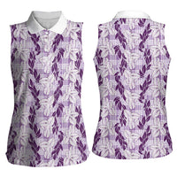 Hawaii Ti Leaf Maile Tuberose Lei Women Sleeveless Polo Shirt With Hanalei Leaf Purple LT05 - Polynesian Pride