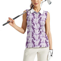 Hawaii Ti Leaf Maile Tuberose Lei Women Sleeveless Polo Shirt With Hanalei Leaf Purple LT05 - Polynesian Pride