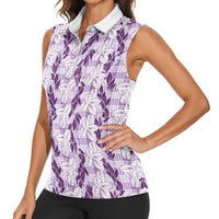 Hawaii Ti Leaf Maile Tuberose Lei Women Sleeveless Polo Shirt With Hanalei Leaf Purple LT05 - Polynesian Pride