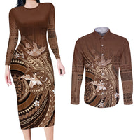 Samoa Tatau Marlin Couples Matching Long Sleeve Bodycon Dress and Long Sleeve Button Shirt With Siapo Motifs Brown LT05 Brown - Polynesian Pride