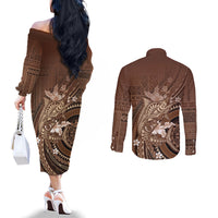 Samoa Tatau Marlin Couples Matching Off The Shoulder Long Sleeve Dress and Long Sleeve Button Shirt With Siapo Motifs Brown LT05 - Polynesian Pride