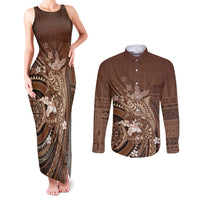 Samoa Tatau Marlin Couples Matching Tank Maxi Dress and Long Sleeve Button Shirt With Siapo Motifs Brown LT05 Brown - Polynesian Pride