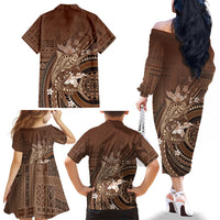 Samoa Tatau Marlin Family Matching Off The Shoulder Long Sleeve Dress and Hawaiian Shirt With Siapo Motifs Brown