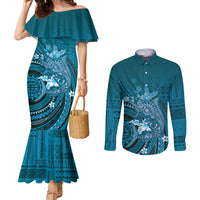 Samoa Tatau Marlin Couples Matching Mermaid Dress and Long Sleeve Button Shirt With Siapo Motifs Teal LT05 Teal - Polynesian Pride