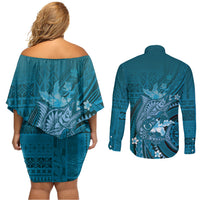 Samoa Tatau Marlin Couples Matching Off Shoulder Short Dress and Long Sleeve Button Shirt With Siapo Motifs Teal