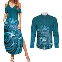 Samoa Tatau Marlin Couples Matching Summer Maxi Dress and Long Sleeve Button Shirt With Siapo Motifs Teal