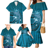 Samoa Tatau Marlin Family Matching Mermaid Dress and Hawaiian Shirt With Siapo Motifs Teal