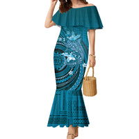 Samoa Tatau Marlin Family Matching Mermaid Dress and Hawaiian Shirt With Siapo Motifs Teal