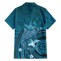 Samoa Tatau Marlin Family Matching Off Shoulder Short Dress and Hawaiian Shirt With Siapo Motifs Teal