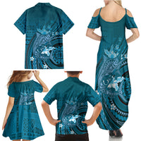 Samoa Tatau Marlin Family Matching Summer Maxi Dress and Hawaiian Shirt With Siapo Motifs Teal
