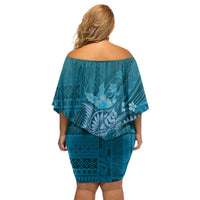 Samoa Tatau Marlin Off Shoulder Short Dress With Siapo Motifs Teal LT05 - Polynesian Pride