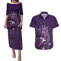 Samoa Tatau Marlin Couples Matching Puletasi and Hawaiian Shirt With Siapo Motifs Violet