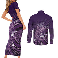 Samoa Tatau Marlin Couples Matching Short Sleeve Bodycon Dress and Long Sleeve Button Shirt With Siapo Motifs Violet