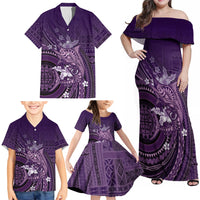Samoa Tatau Marlin Family Matching Off Shoulder Maxi Dress and Hawaiian Shirt With Siapo Motifs Violet