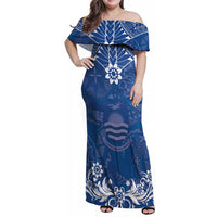 Wikin te Taetae ni Kiribati Family Matching Off Shoulder Maxi Dress and Hawaiian Shirt Pacific Tapa Pattern LT05 Mom's Dress Blue - Polynesian Pride