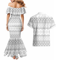 Tonga White Sunday Couples Matching Mermaid Dress and Hawaiian Shirt Tongan Ngatu Siale Pattern - Polynesian Pride