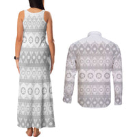Tonga White Sunday Couples Matching Tank Maxi Dress and Long Sleeve Button Shirt Tongan Ngatu Siale Pattern - Polynesian Pride