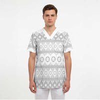 Tonga White Sunday Scrub Top Tongan Ngatu Siale Pattern - Polynesian Pride