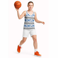 Samoa White Sunday Basketball Jersey Samoan Tapa Blue Hibiscus - Polynesian Pride