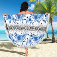 Samoa White Sunday Beach Blanket Samoan Tapa Blue Hibiscus - Polynesian Pride