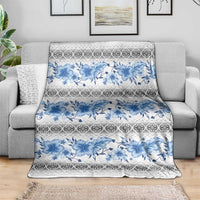 Samoa White Sunday Blanket Samoan Tapa Blue Hibiscus - Polynesian Pride