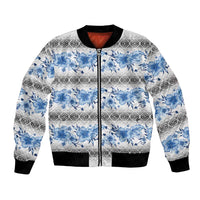 Samoa White Sunday Bomber Jacket Samoan Tapa Blue Hibiscus - Polynesian Pride