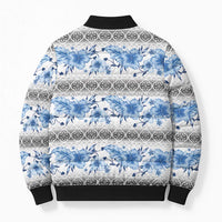 Samoa White Sunday Bomber Puffer Jacket Samoan Tapa Blue Hibiscus - Polynesian Pride