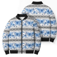 Samoa White Sunday Bomber Puffer Jacket Samoan Tapa Blue Hibiscus - Polynesian Pride